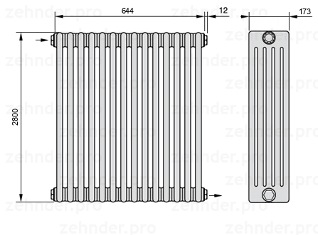 Схема (чертеж) Радиатор Zehnder Charleston 5280/14 №1670 Белый глянцевый RAL 9016